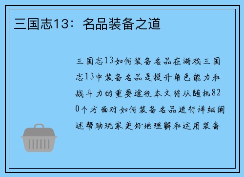 三国志13：名品装备之道